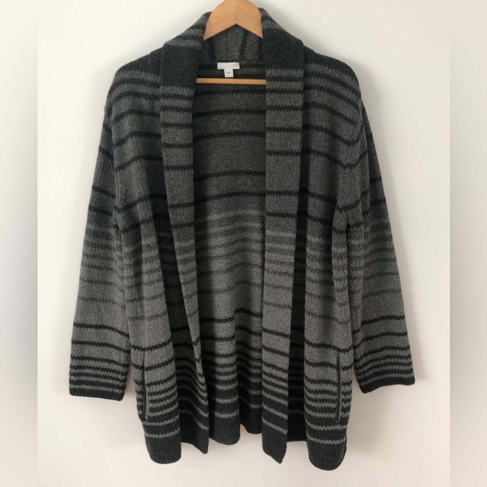J Jill Wool Modal Blend Women's Gray Striped Long Open Front Cardigan Pockets L